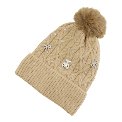Pom Pom Knitted Beanie With Rhinestone H20-62 (12PC)
