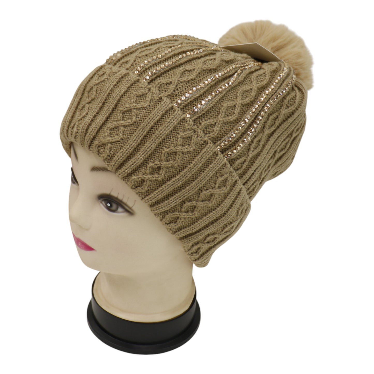 Pom Pom Rhinestone Decor Beanie H20-42. (12PC)