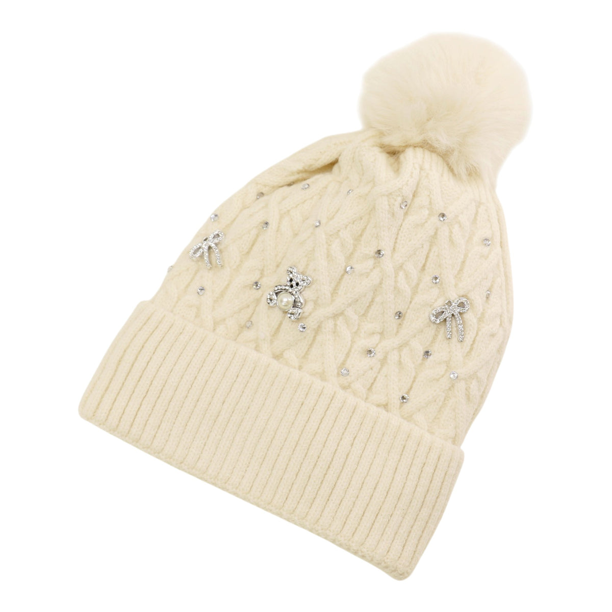 Pom Pom Knitted Beanie With Rhinestone H20-62 (12PC)