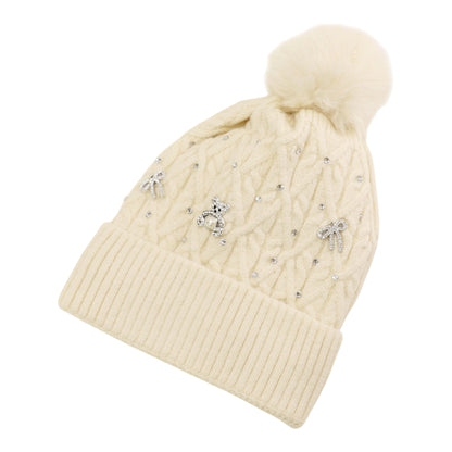 Pom Pom Knitted Beanie With Rhinestone H20-62 (12PC)