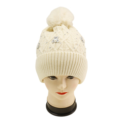 Pom Pom Knitted Beanie With Rhinestone H20-62 (12PC)