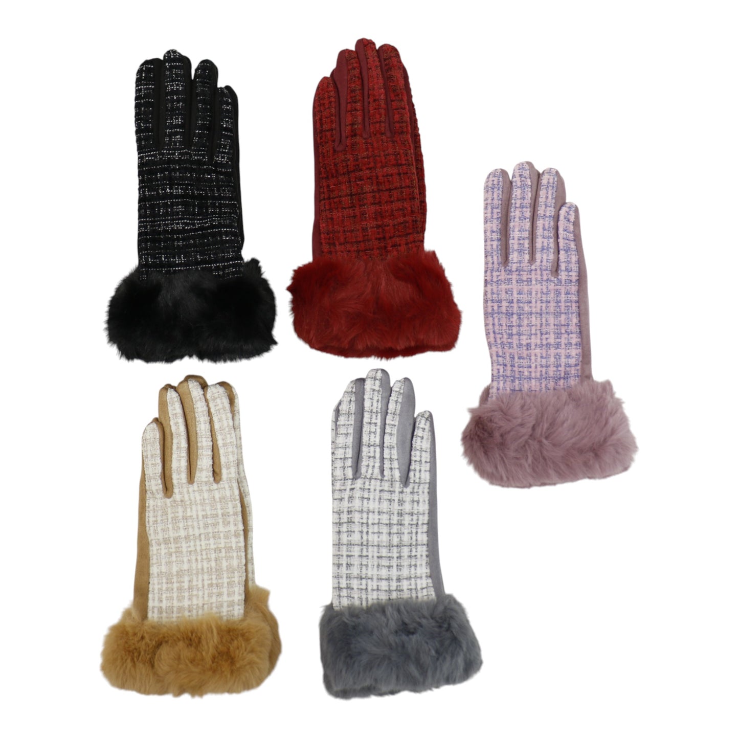 Women's Fur Check Pattern Touch Screen Gloves GL184 (12PAIR)