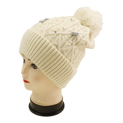 Pom Pom Knitted Beanie With Rhinestone H20-62 (12PC)