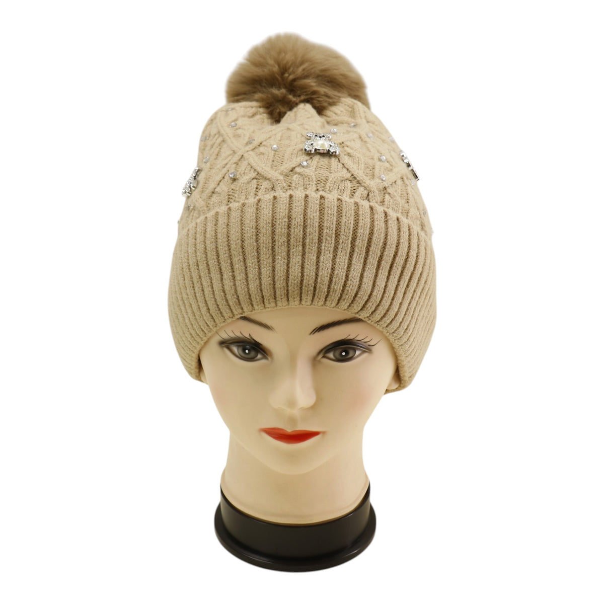Pom Pom Knitted Beanie With Rhinestone H20-62 (12PC)