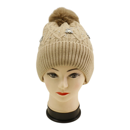 Pom Pom Knitted Beanie With Rhinestone H20-62 (12PC)