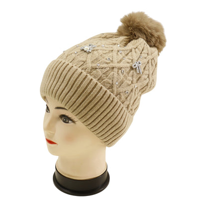 Pom Pom Knitted Beanie With Rhinestone H20-62 (12PC)