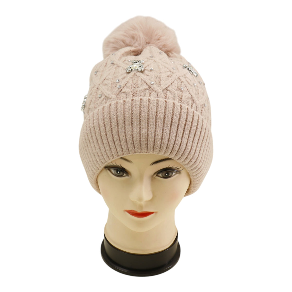 Pom Pom Knitted Beanie With Rhinestone H20-62 (12PC)