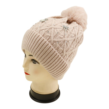 Pom Pom Knitted Beanie With Rhinestone H20-62 (12PC)