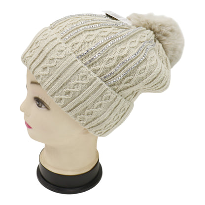 Pom Pom Rhinestone Decor Beanie H20-42. (12PC)