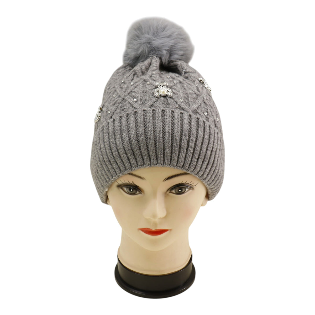 Pom Pom Knitted Beanie With Rhinestone H20-62 (12PC)
