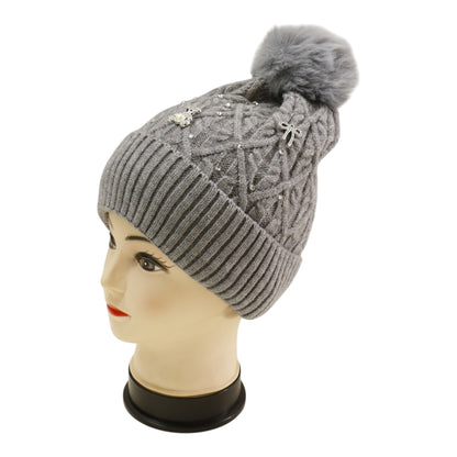 Pom Pom Knitted Beanie With Rhinestone H20-62 (12PC)