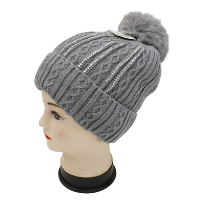 Pom Pom Rhinestone Decor Beanie H20-42. (12PC)
