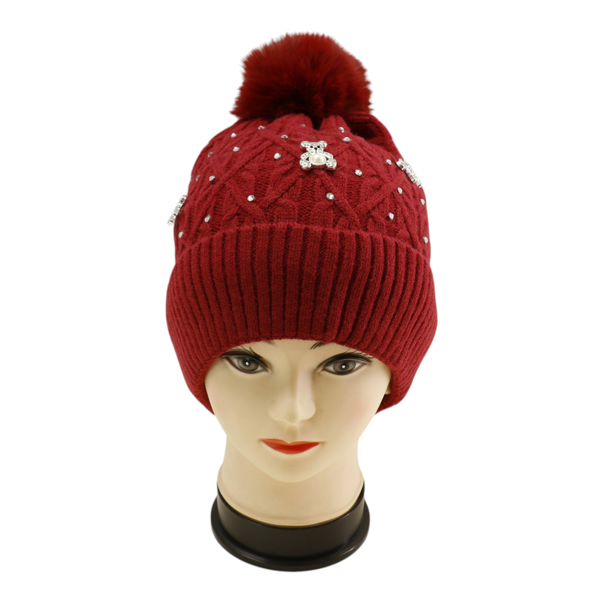 Pom Pom Knitted Beanie With Rhinestone H20-62 (12PC)