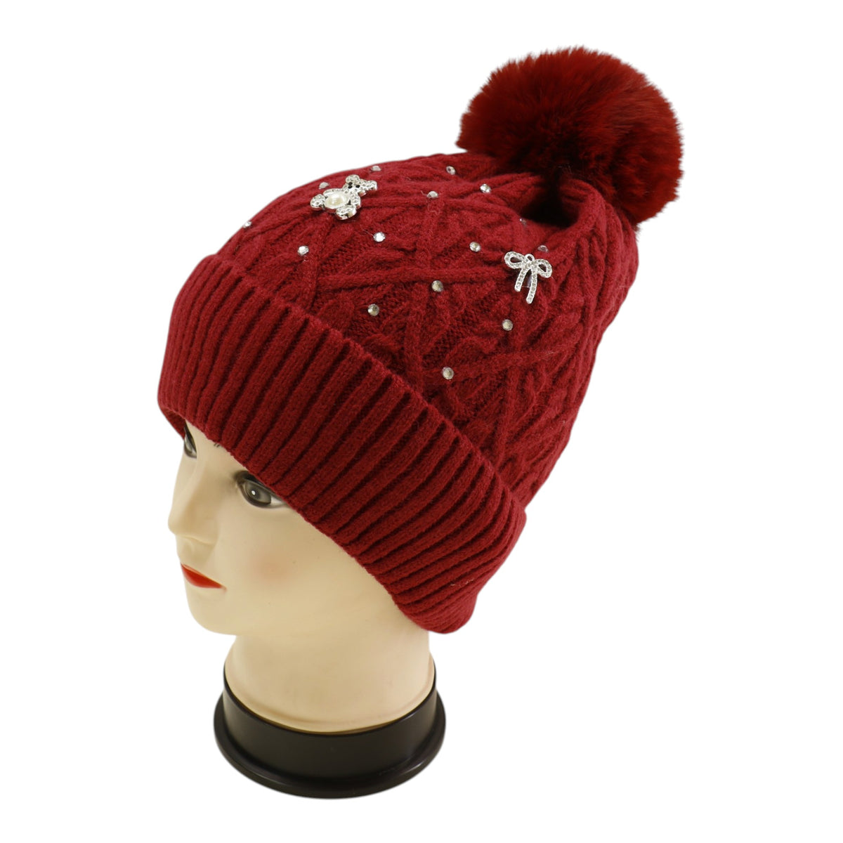 Pom Pom Knitted Beanie With Rhinestone H20-62 (12PC)