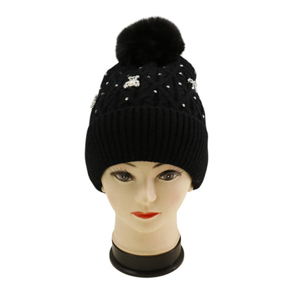 Pom Pom Knitted Beanie With Rhinestone H20-62 (12PC)