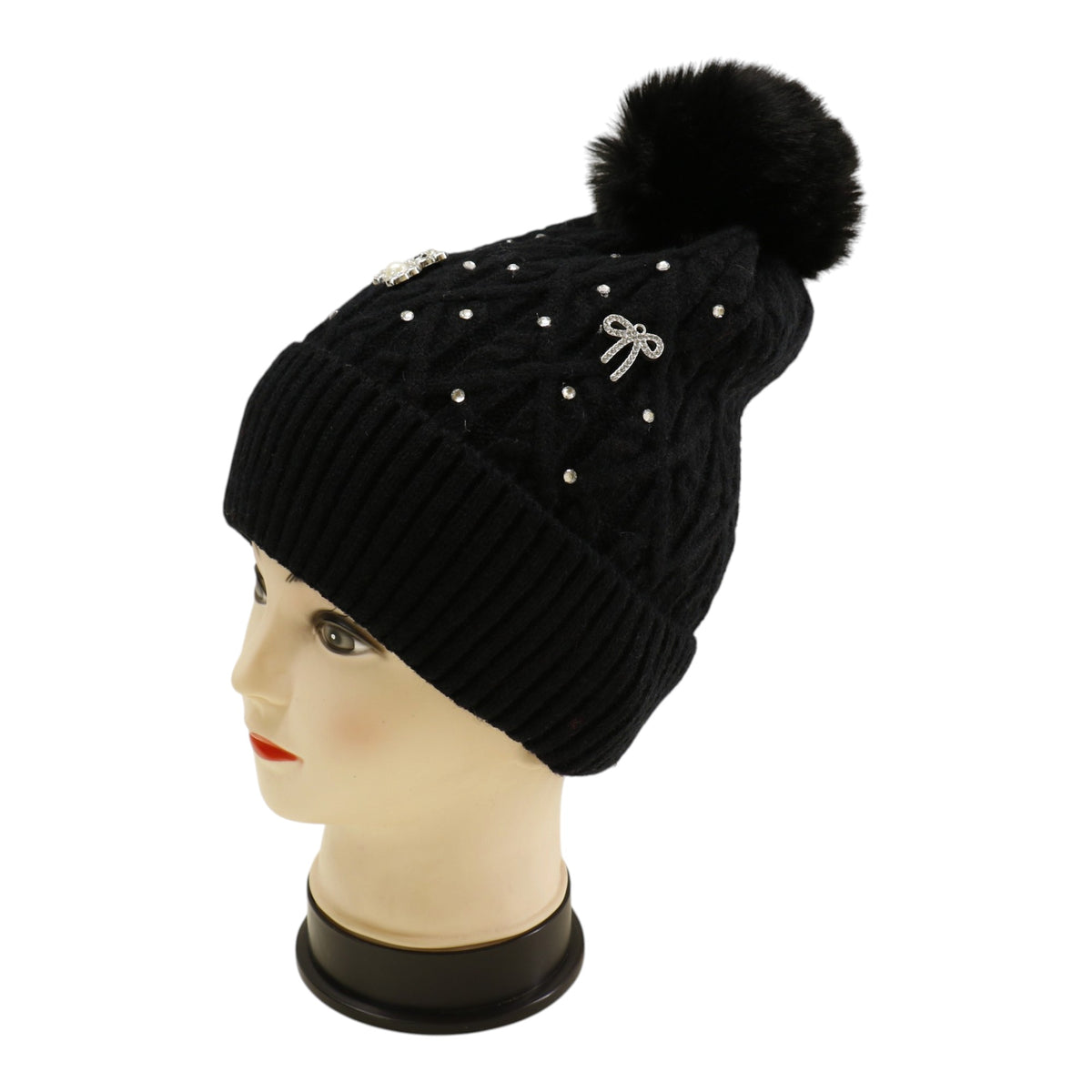 Pom Pom Knitted Beanie With Rhinestone H20-62 (12PC)