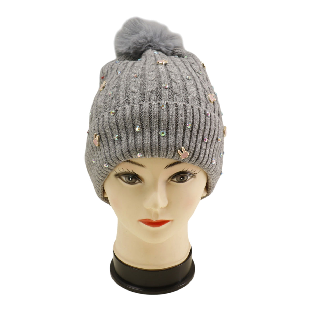 Pom Pom Knitted Beanie With Rhinestone H20-61 (12PC)