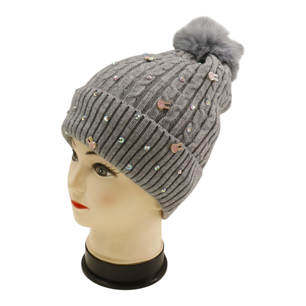 Pom Pom Knitted Beanie With Rhinestone H20-61 (12PC)