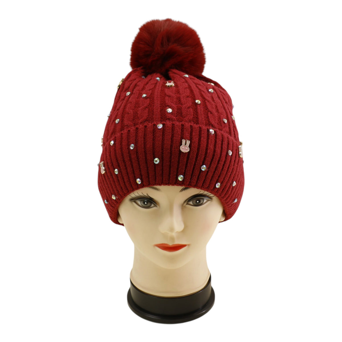 Pom Pom Knitted Beanie With Rhinestone H20-61 (12PC)