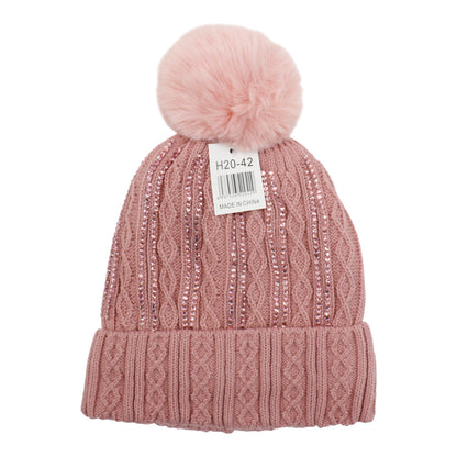 Pom Pom Rhinestone Decor Beanie H20-42. (12PC)