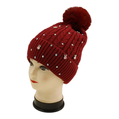 Pom Pom Knitted Beanie With Rhinestone H20-61 (12PC)
