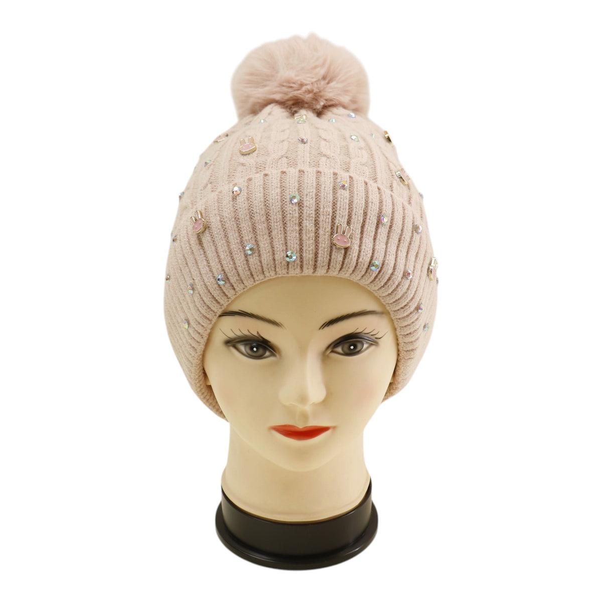 Pom Pom Knitted Beanie With Rhinestone H20-61 (12PC)
