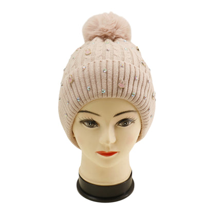Pom Pom Knitted Beanie With Rhinestone H20-61 (12PC)