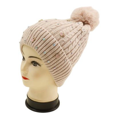 Pom Pom Knitted Beanie With Rhinestone H20-61 (12PC)