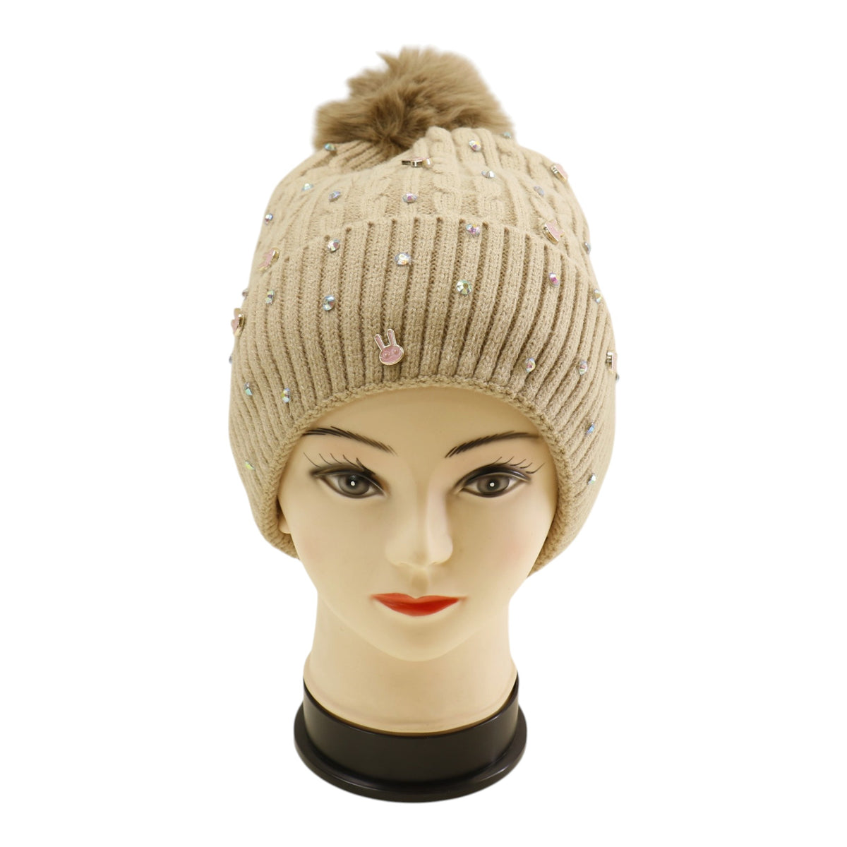 Pom Pom Knitted Beanie With Rhinestone H20-61 (12PC)