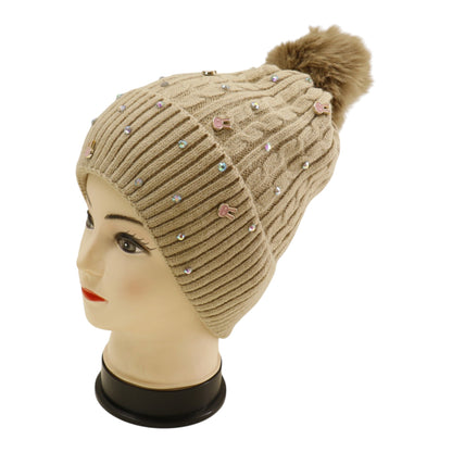 Pom Pom Knitted Beanie With Rhinestone H20-61 (12PC)