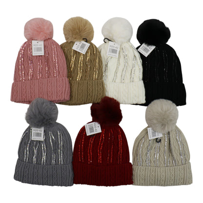 Pom Pom Rhinestone Decor Beanie H20-42. (12PC)