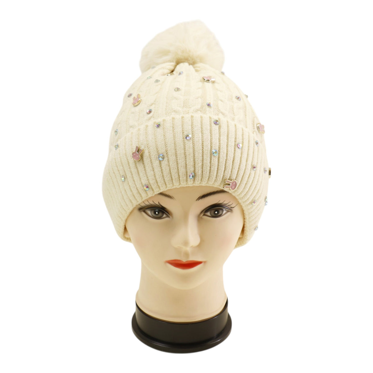 Pom Pom Knitted Beanie With Rhinestone H20-61 (12PC)