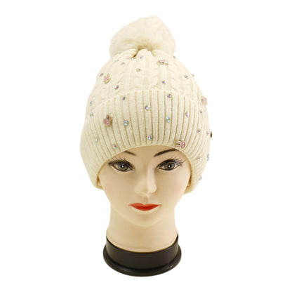 Pom Pom Knitted Beanie With Rhinestone H20-61 (12PC)
