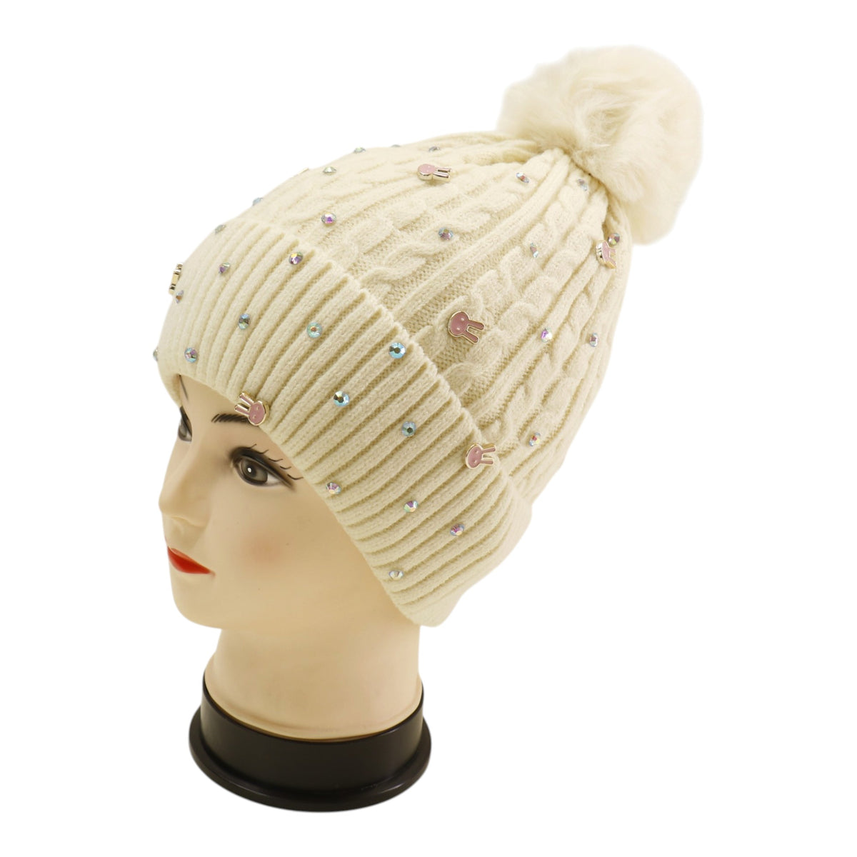 Pom Pom Knitted Beanie With Rhinestone H20-61 (12PC)