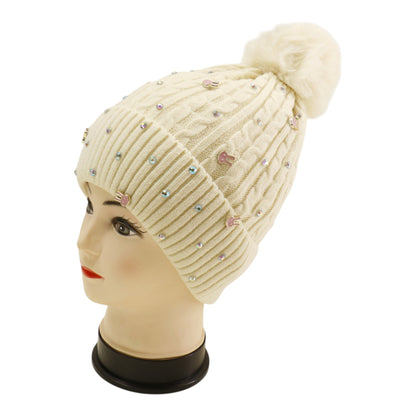 Pom Pom Knitted Beanie With Rhinestone H20-61 (12PC)