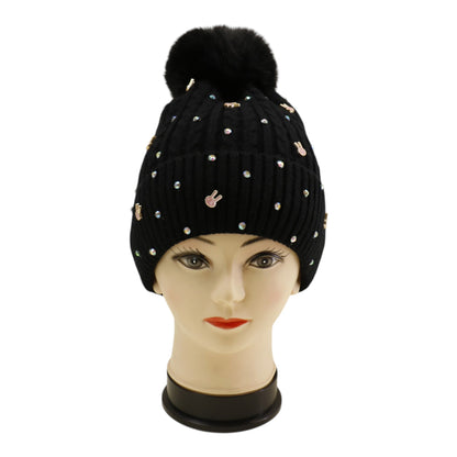 Pom Pom Knitted Beanie With Rhinestone H20-61 (12PC)