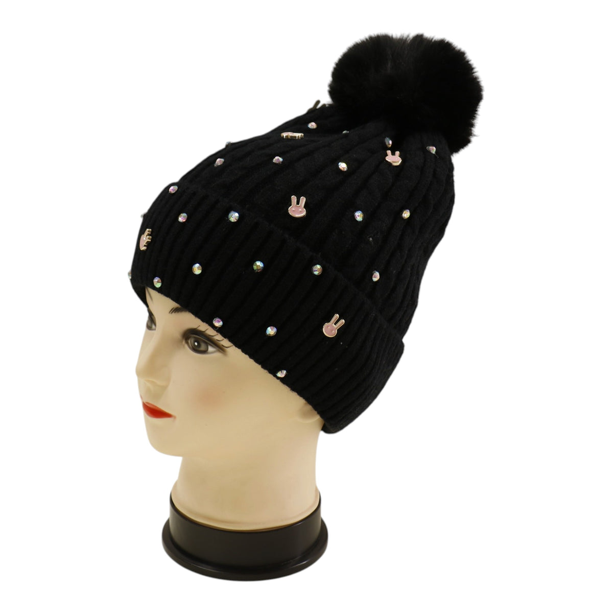Pom Pom Knitted Beanie With Rhinestone H20-61 (12PC)