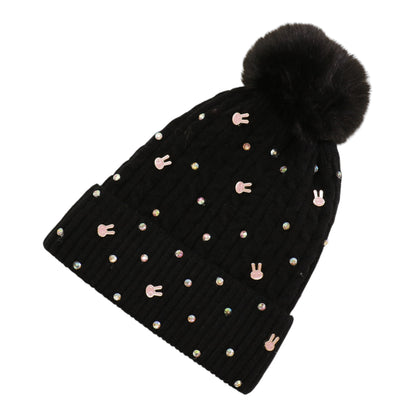 Pom Pom Knitted Beanie With Rhinestone H20-61 (12PC)