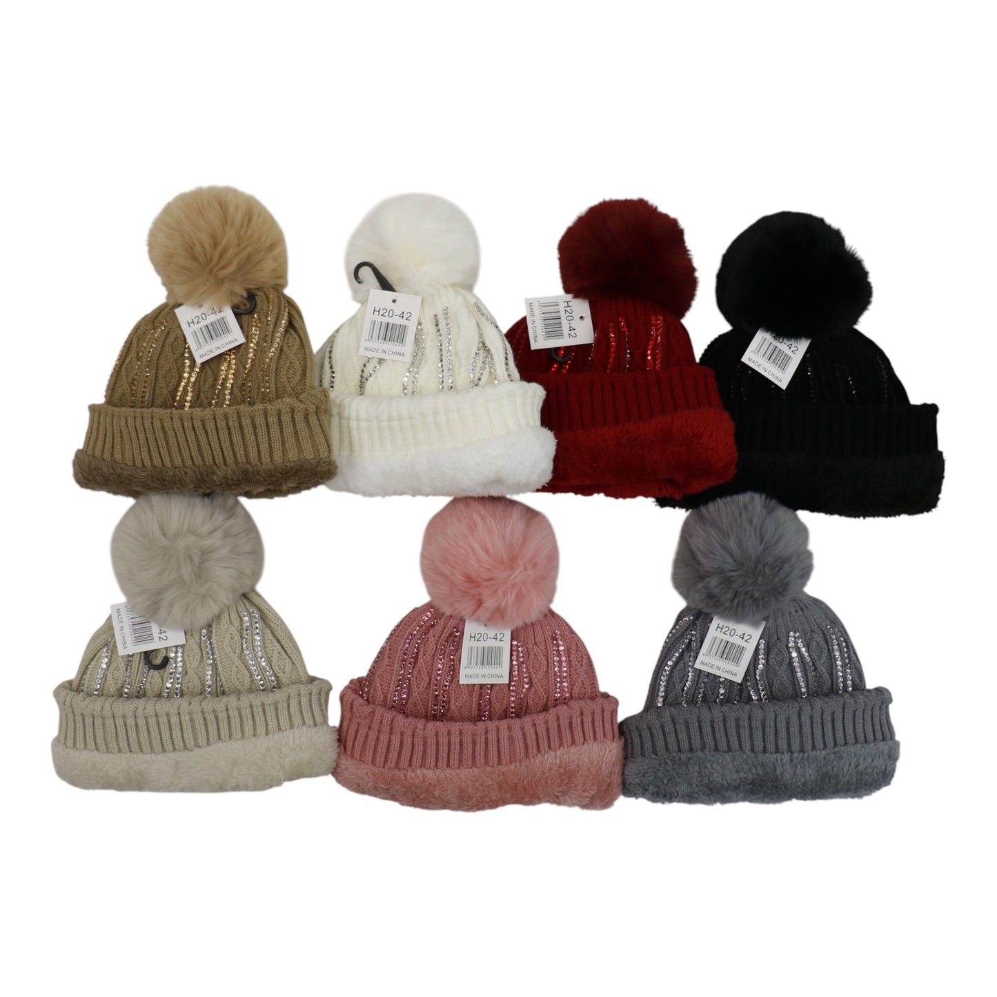 Pom Pom Rhinestone Decor Beanie H20-42. (12PC)