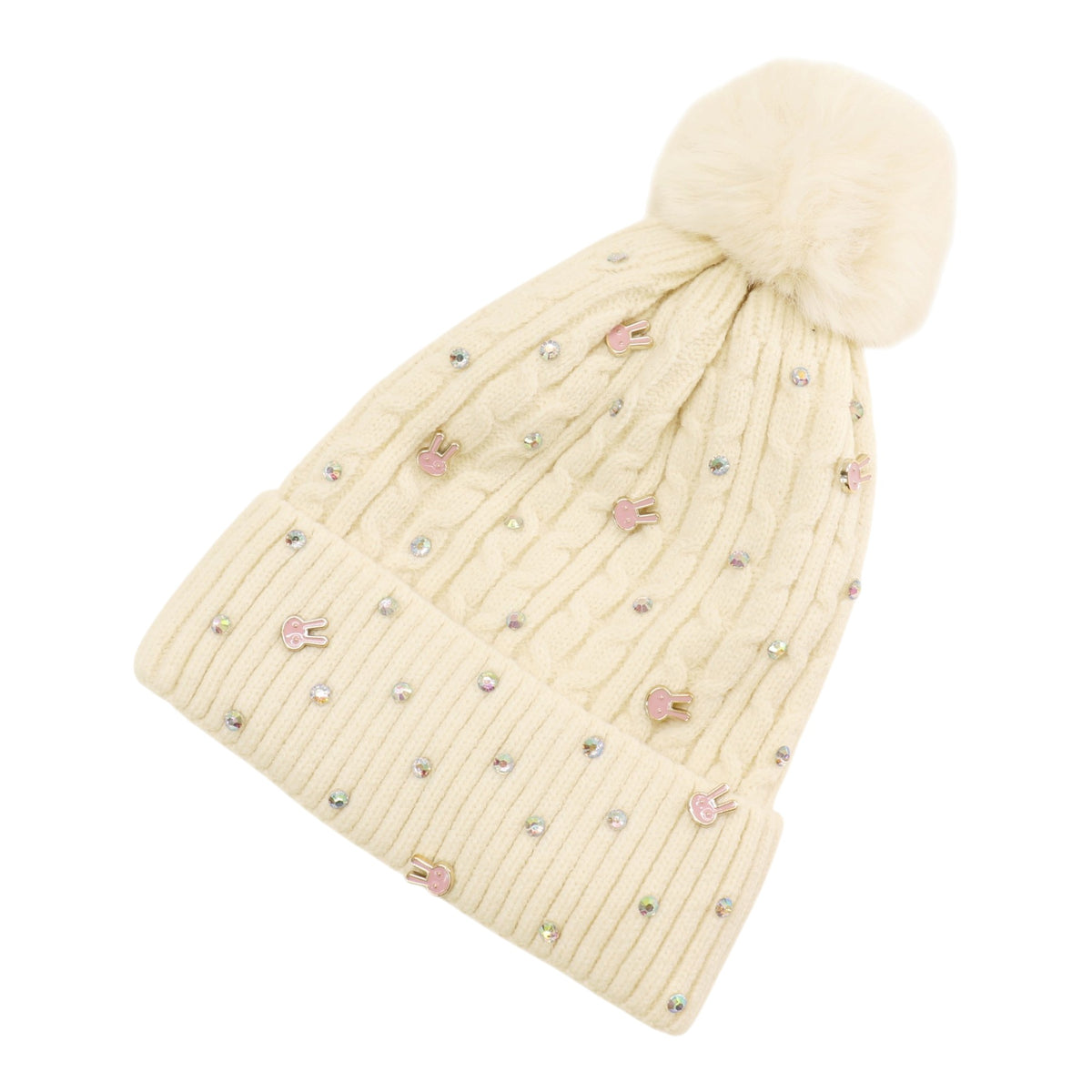 Pom Pom Knitted Beanie With Rhinestone H20-61 (12PC)