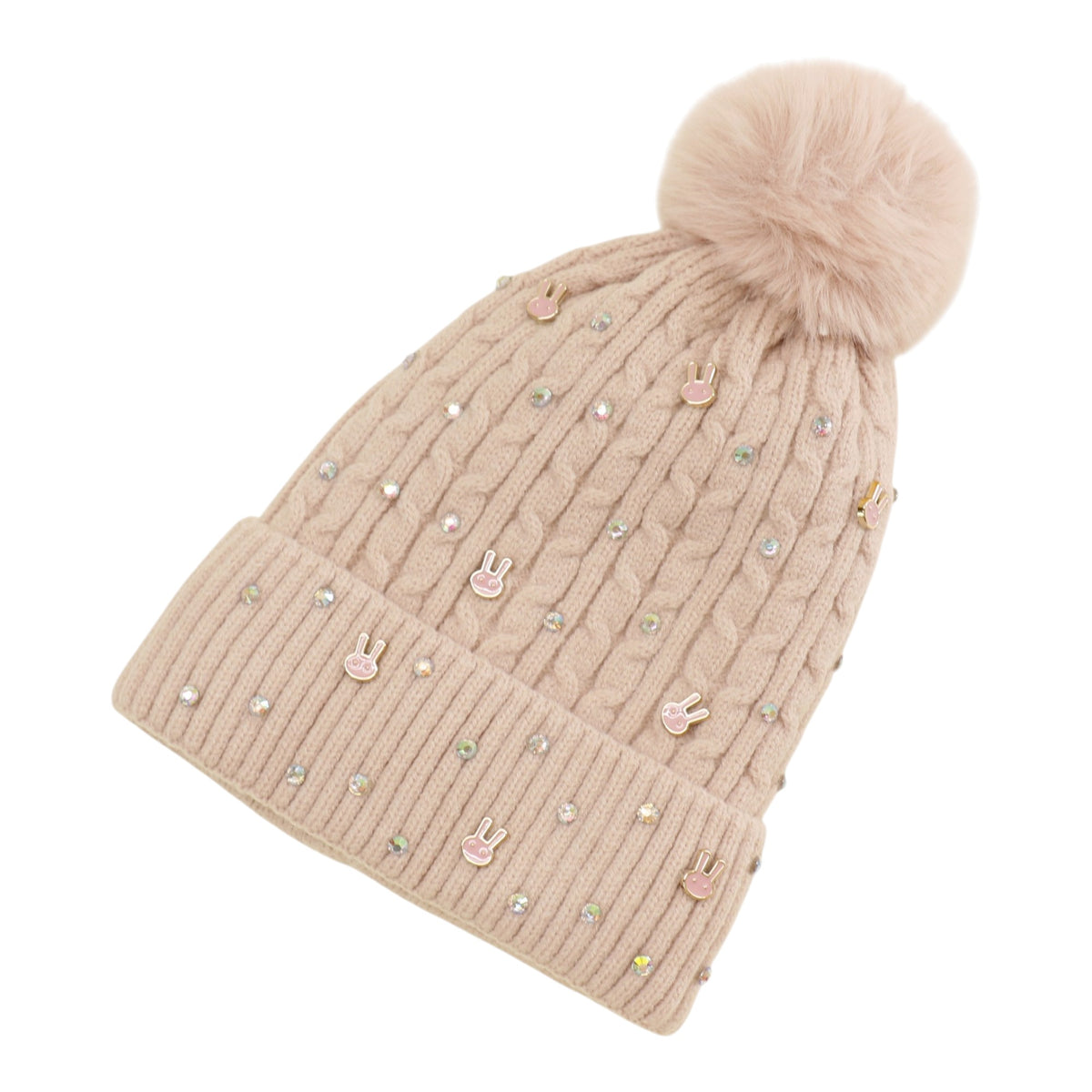 Pom Pom Knitted Beanie With Rhinestone H20-61 (12PC)