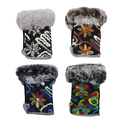 Women's Fingerless Faux Fur Flower Pattern Gloves GL187 (12PAIR)