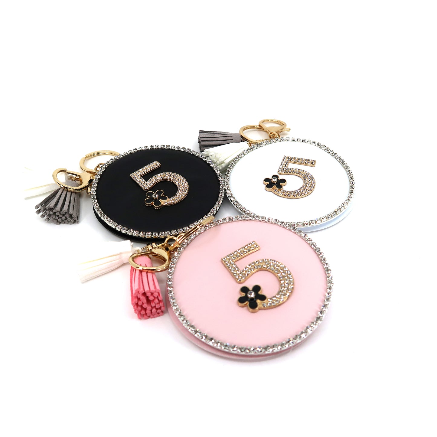 RHINESTONE FIVE TASSLE MIRROR KEY CHAIN KC3222-2 (12PC)