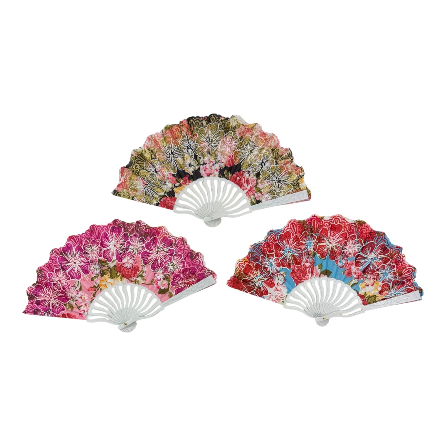 Glitter Flower Hand Held Folding Fan FN0449 (12PC)