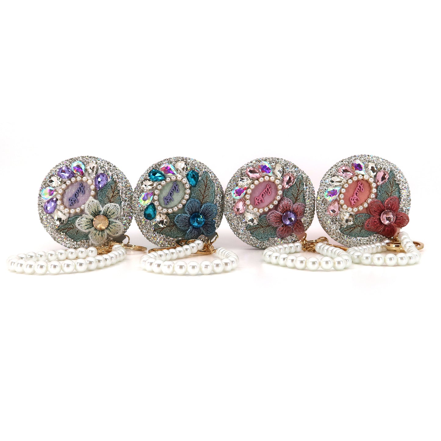 CRYSTAL FLOWER PEARL STRAP MIRROR KEY CHAIN KC3222-41 (12PC)