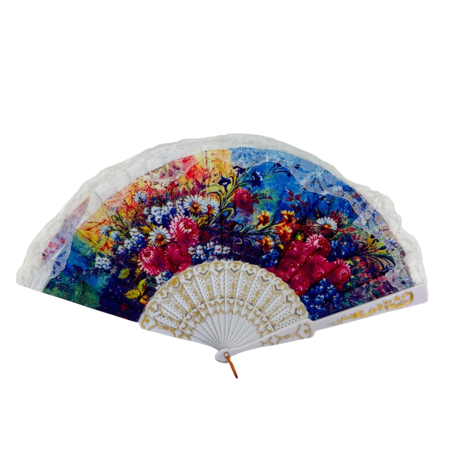 Sheer Floral White Lace Trim Hand Held Folding Fan FN3773 (12PC)