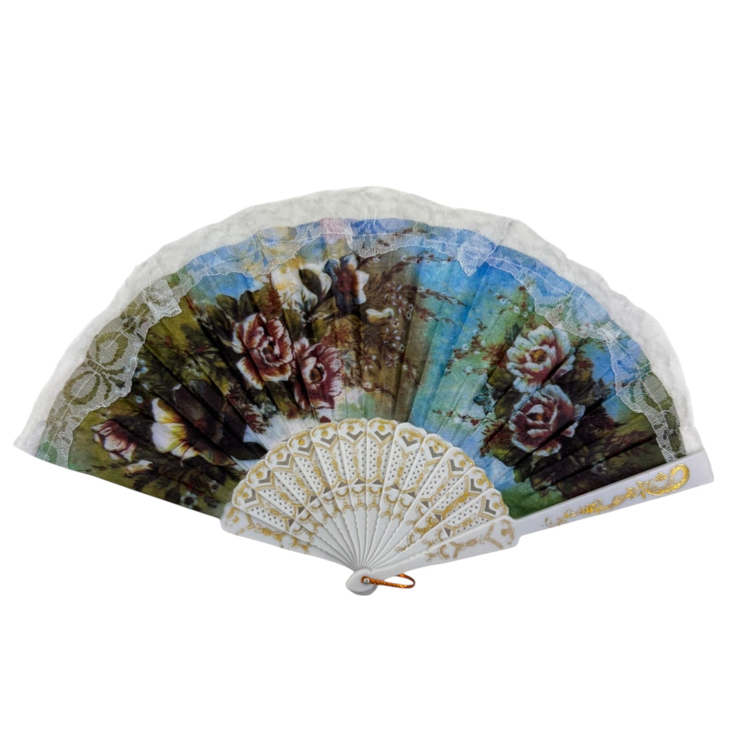 Sheer Floral White Lace Trim Hand Held Folding Fan FN3773 (12PC)