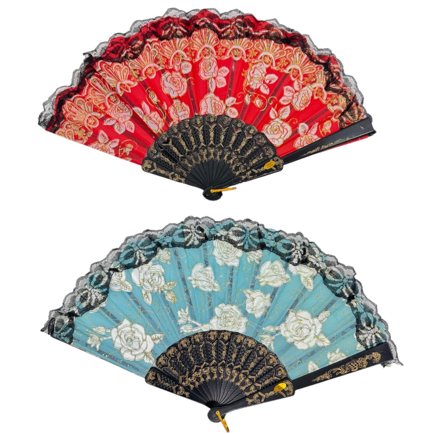 Rose Gold Glitter Lace Trim Hand Held Folding Fan FN4590. (12PC)