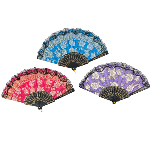 Rose Gold Glitter Lace Trim Hand Held Folding Fan FN4590. (12PC)
