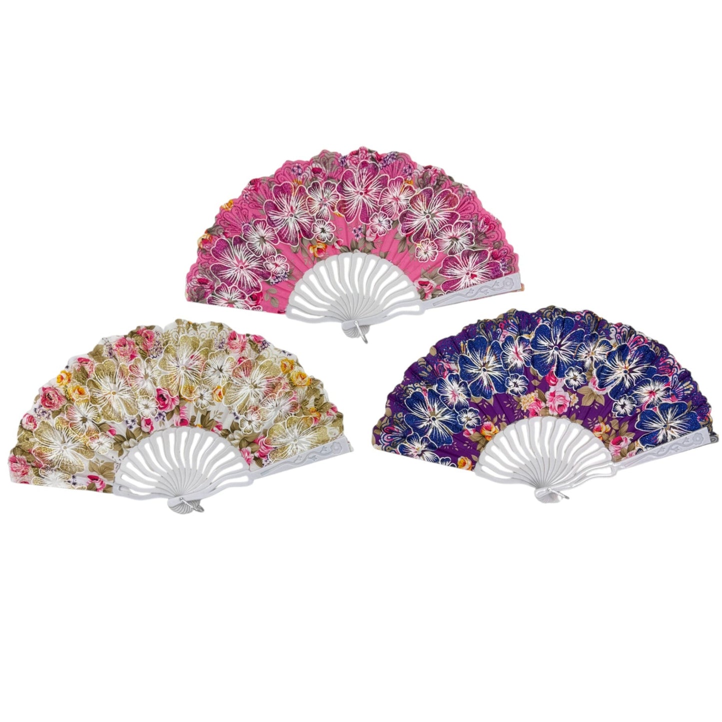Peony Floral Glitter Hand Held Folding Fan FN0441. (12PC)